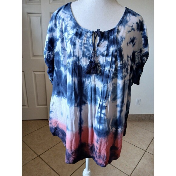 Sonoma Womens MultiColor Tie Day  3/4 Length Sleeve Blouse Tunic 1X Tassed - Picture 1 of 14
